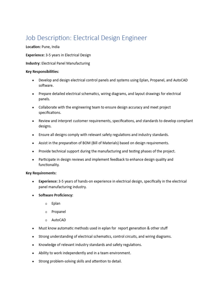 Electrical Design Engineer Role in Pune | PDF