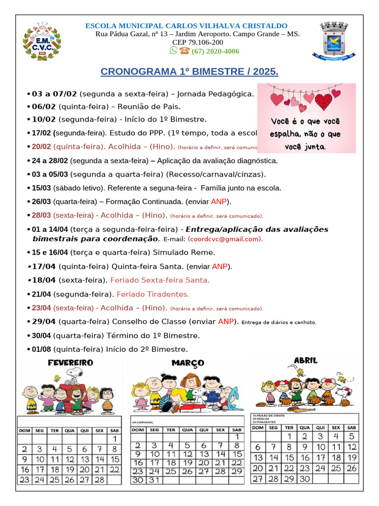 Cronograma 1º Bimestre 2025 - Escola Carlos Vilhalva | PDF