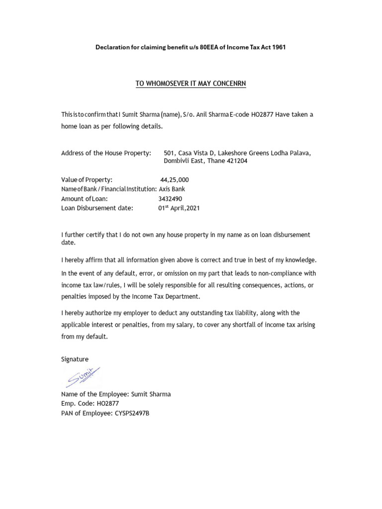 80EEA Home Loan Declaration Form | PDF