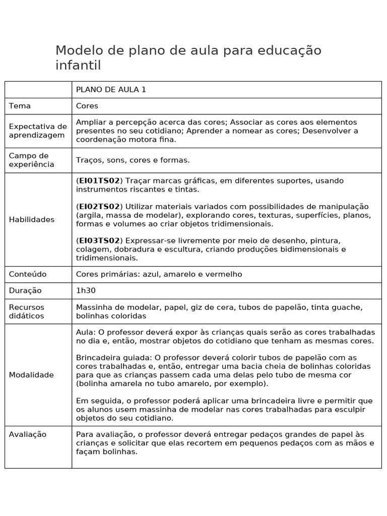 Modelo de plano de aula para educação infantil | PDF | Cor | Tinta