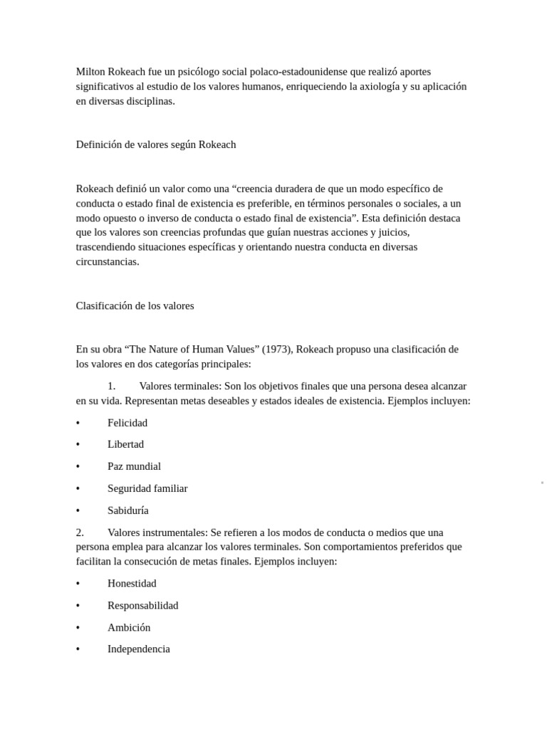 Aportes de Milton Rokeach a los Valores Humanos | PDF | Comportamiento ...