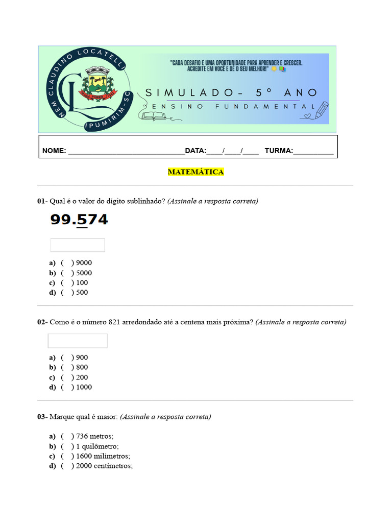 Simulado de Matemática para Ensino Fundamental | PDF | Aritmética ...