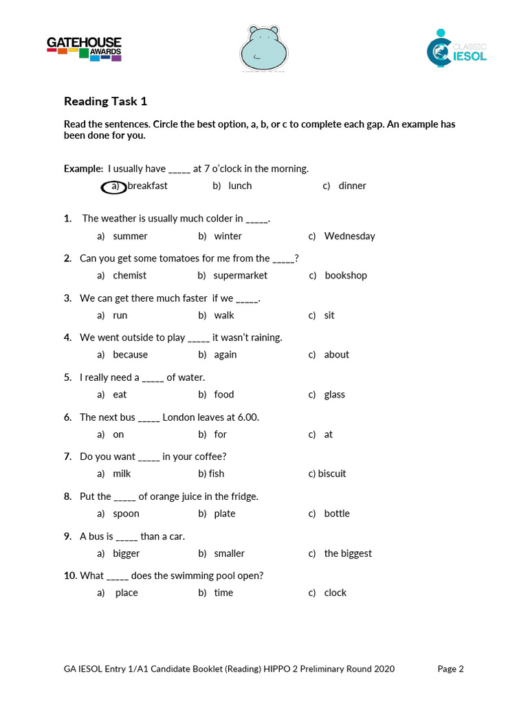 GA IESOL Entry 1/A1 Reading & Listening Test | PDF