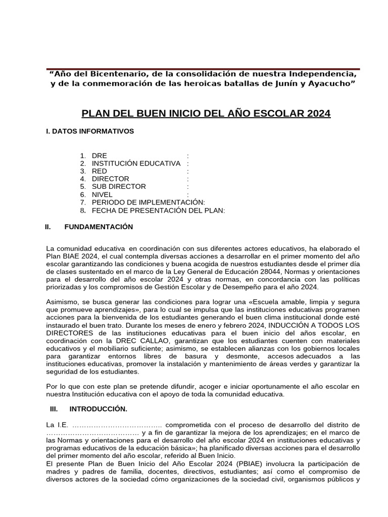Plan de Buen Inicio Escolar 2024 | PDF | Educación primaria | Escuelas