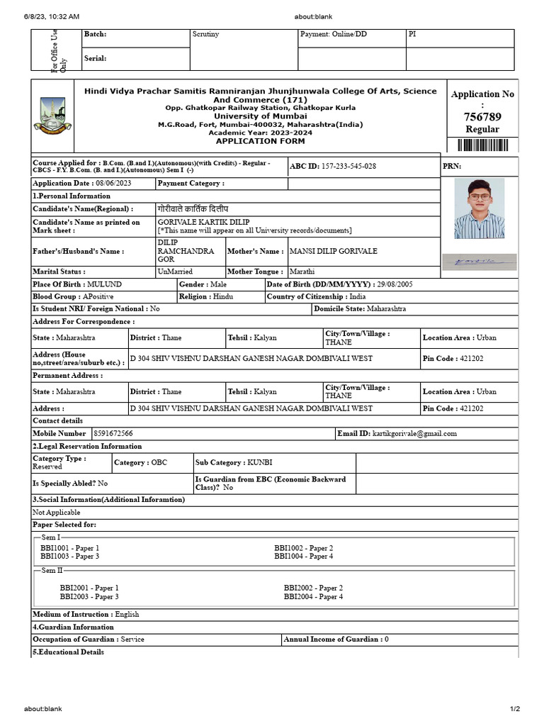 B.Com Application - Ramniranjan Jhunjhunwala | PDF