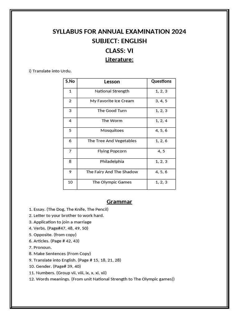 English Class VI Annual Exam Syllabus 2024 | PDF