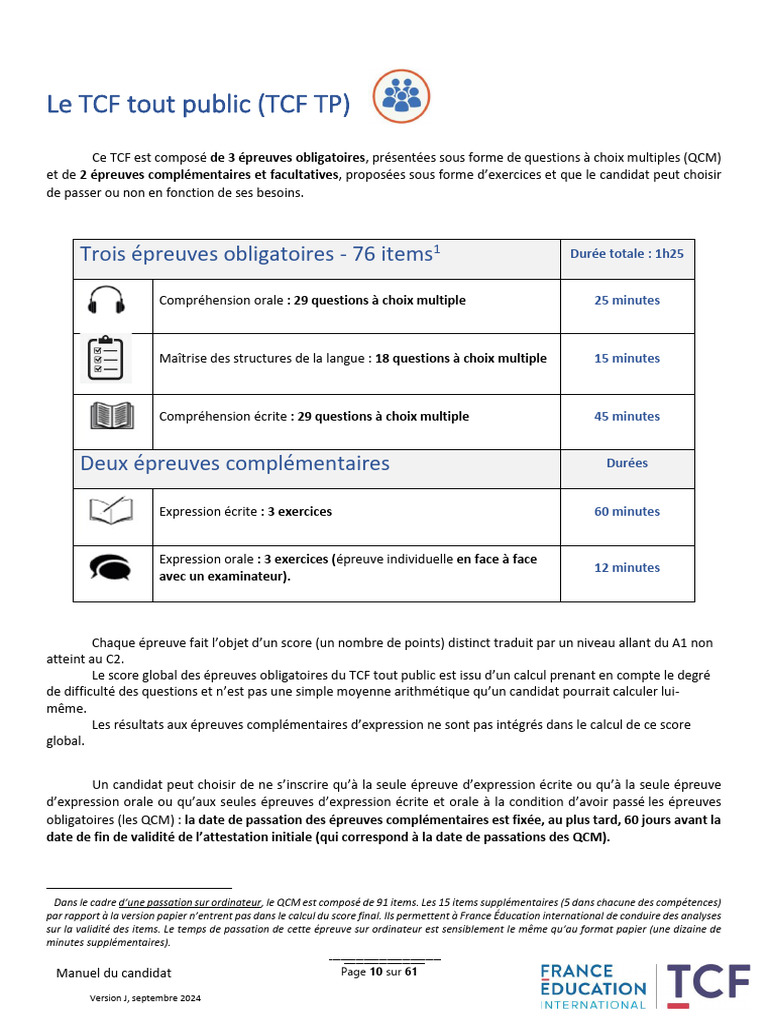 TCF Tout Public : Épreuves et Validité | PDF | Choix multiple