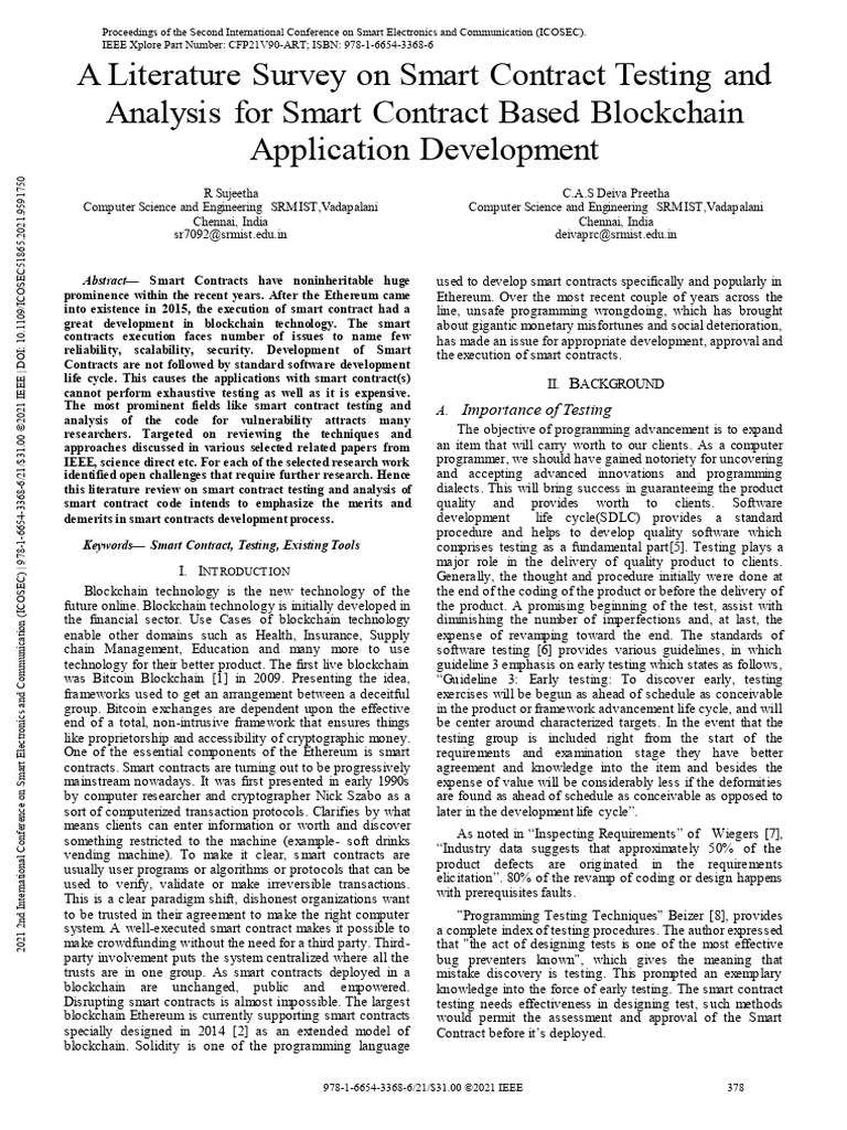 A Literature Survey On Smart Contract Testing and Analysis For Smart ...