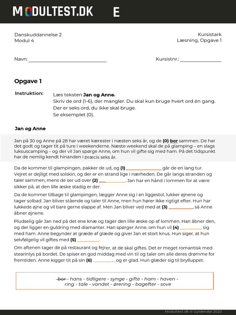 Opgave: Danskuddannelse 2 Modul 4 Kursistark Læsning, Opgave 1 | PDF