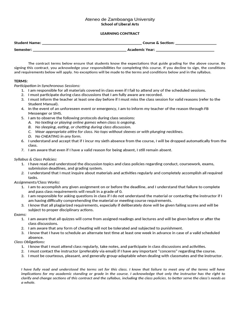 Learning Contract for Course Expectations | PDF | Plagiarism