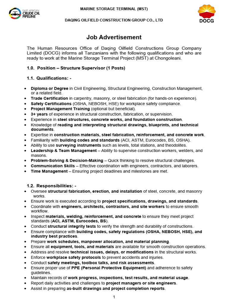 Job Opening: Structure Supervisor | PDF | Occupational Safety And ...