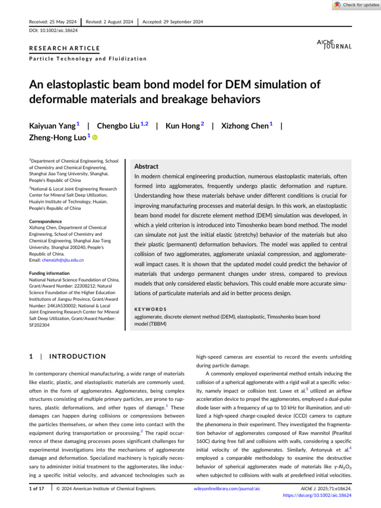 AIChE Journal - 2024 - Yang - An Elastoplastic Beam Bond Model For DEM ...