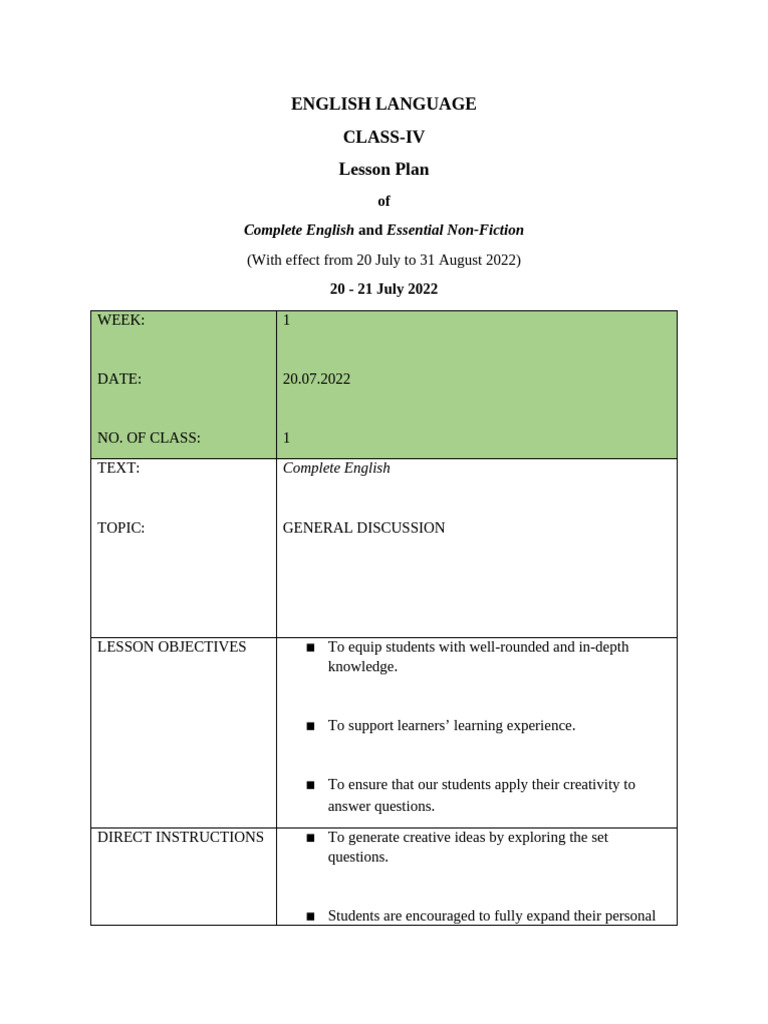 Class IV English Lesson Plan 2022 | PDF | Learning | Knowledge