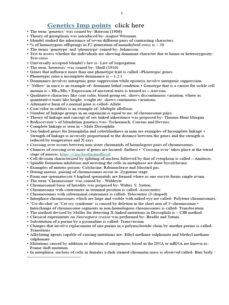 Genetics Imp points | PDF | Meiosis | Dominance (Genetics)