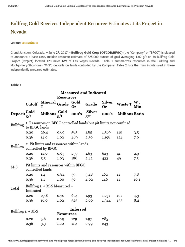 Bullfrog_PR20170627 | PDF | Mining | Gold