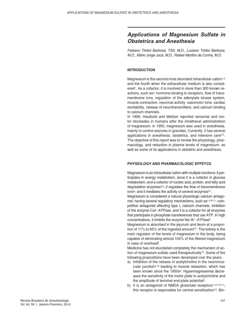Magnesium Sulfate in Anesthesia and Obstetrics | PDF | Anesthesia ...