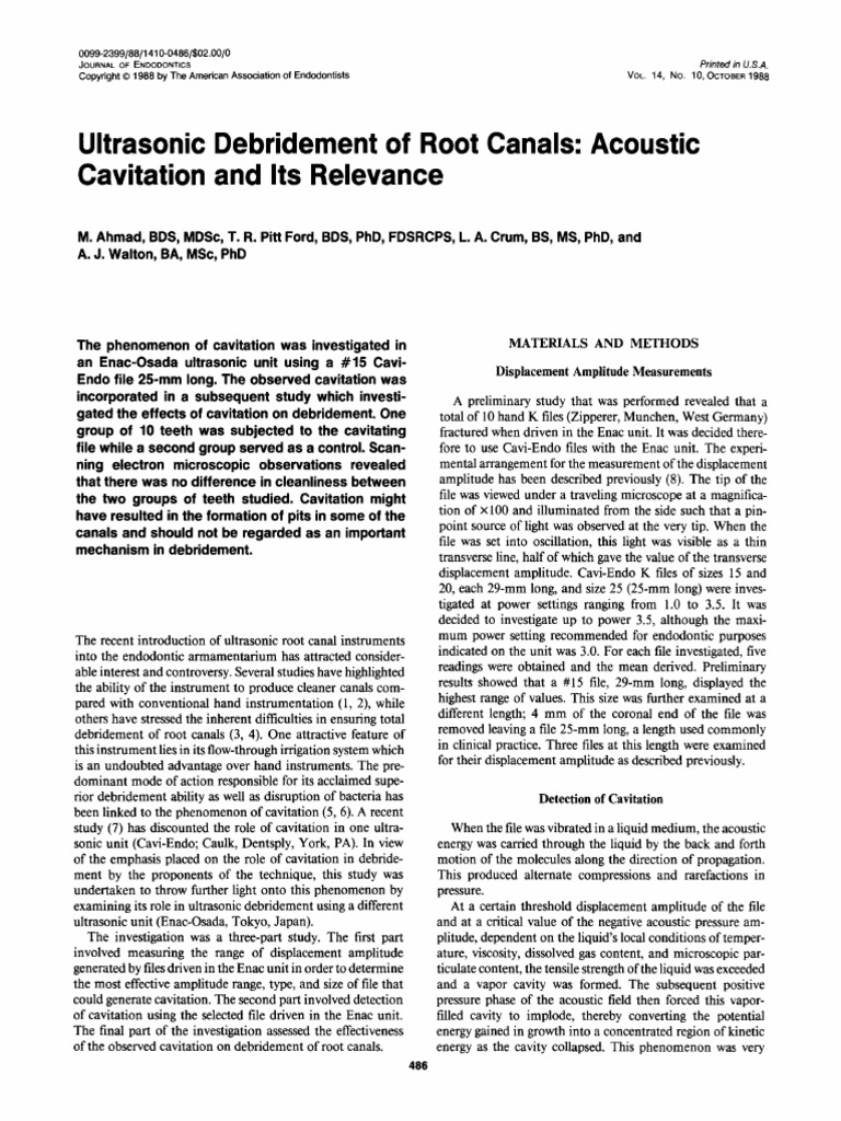 Ultrasonic Debridement of Root Canals - Acoustic Cavitation and Its ...