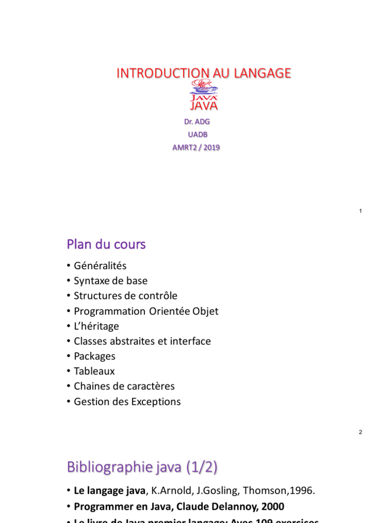 Introduction au langage Java et syntaxe | PDF | Java (Langage de ...