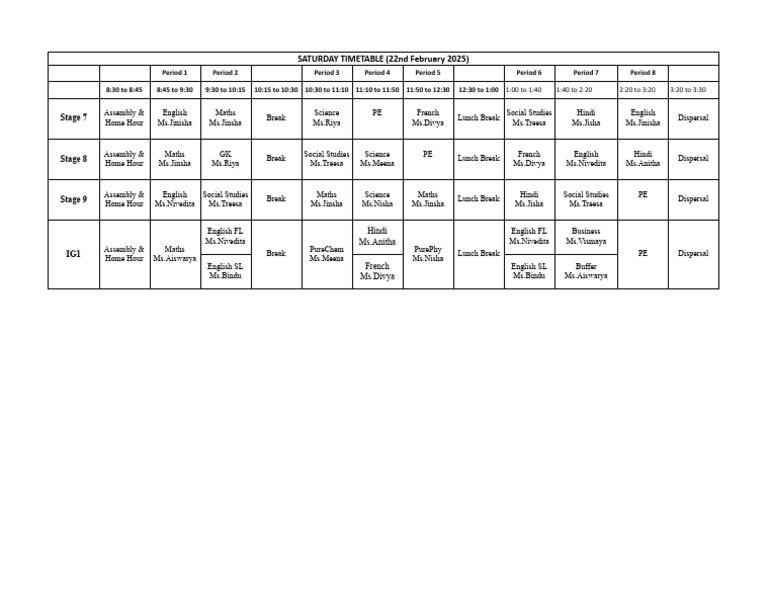 Saturday Timetable for Rushil Anand | PDF