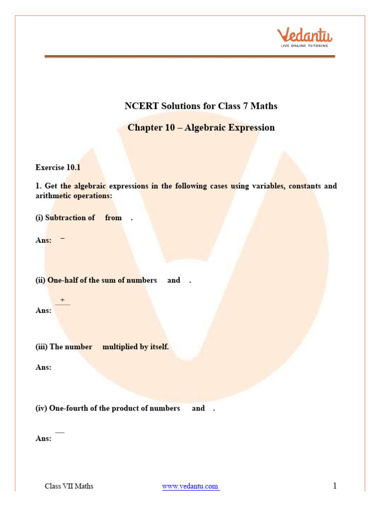 NCERT Solutions For Class 7 Maths Chapter 10 Algebraic Expressions ...
