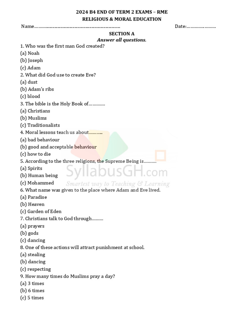 2024 RME Exam Questions for Students | PDF | Adam | Religious Belief ...