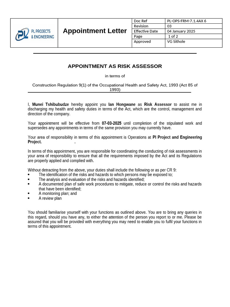 Risk Assessor Appointment Letter | PDF | Risk | Risk Assessment