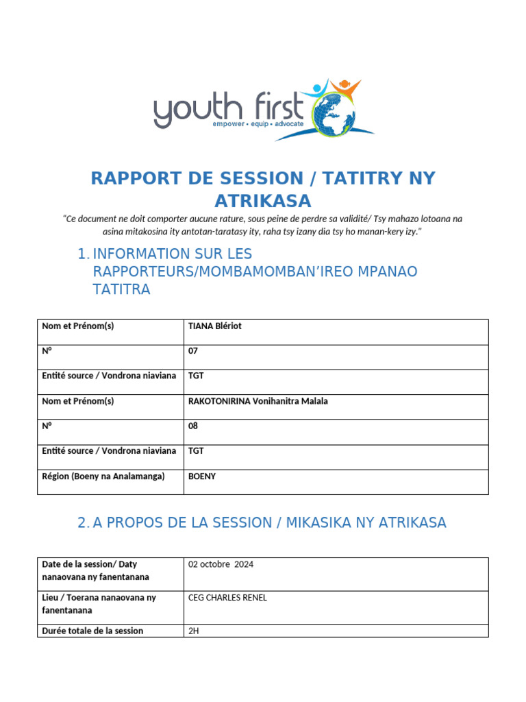 Rapport de session Tatitry Ny 2024 | PDF