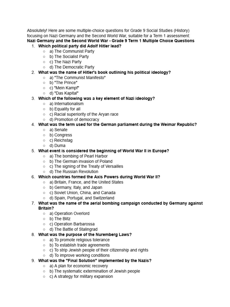 Grade 9 Nazi Germany Quiz Questions | PDF | Nazi Germany | World War II