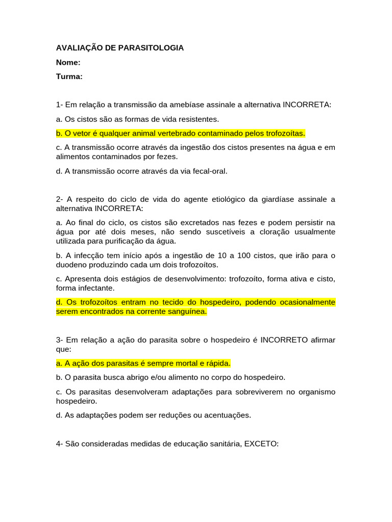 Avaliação de Parasitologia: Questões e Respostas | PDF | Diarreia ...