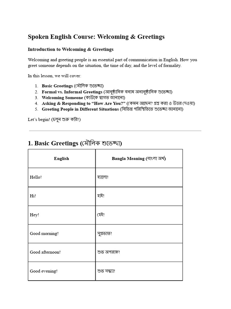 Spoken English Course - Welcoming & Greetings With Bangla | PDF