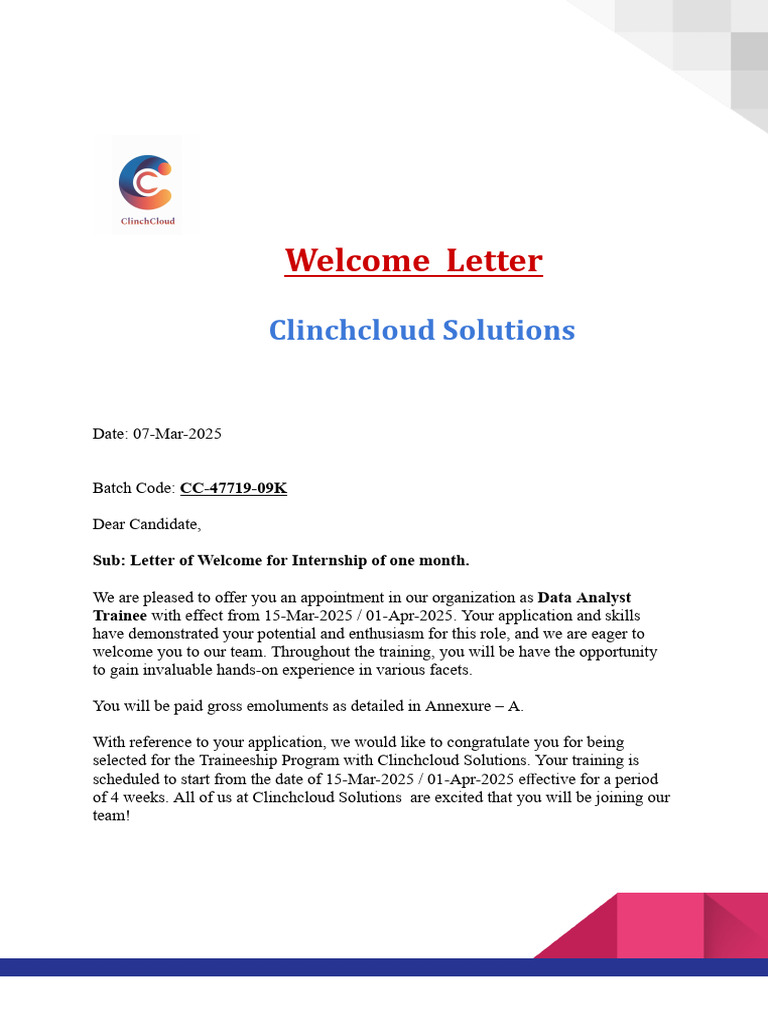 Welcome Letter (Data Analyst) 3 | PDF