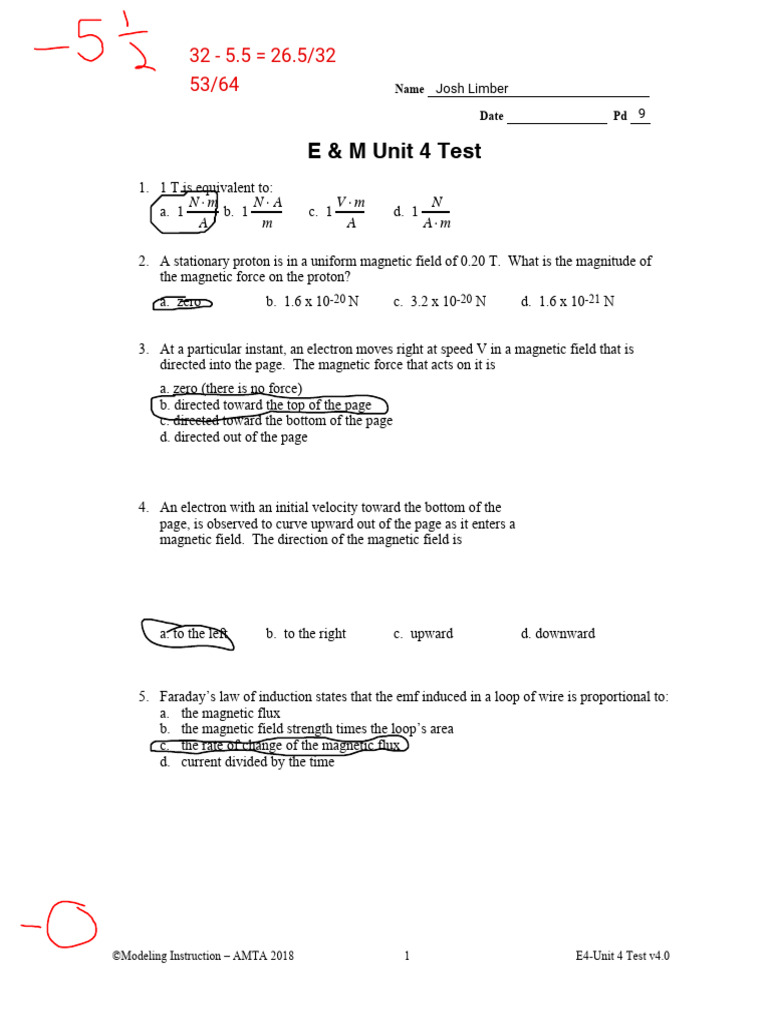 Electromagnetism Unit 4 Test | PDF | Magnetic Field | Electromagnetic ...