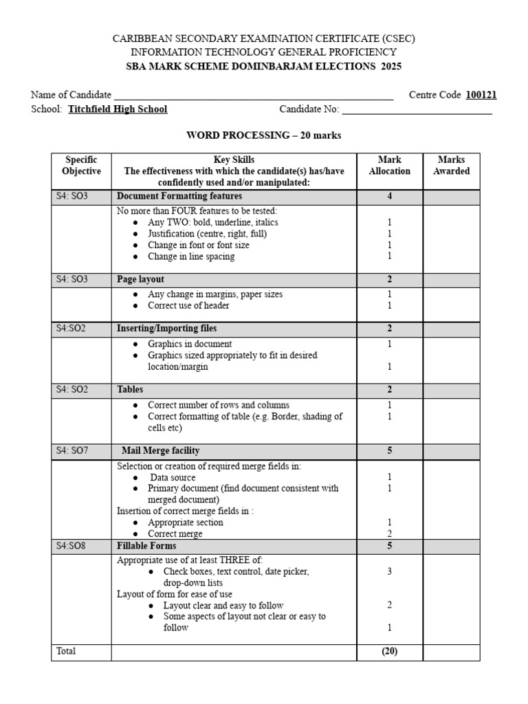 CSEC IT SBA Mark Scheme 2025 | PDF | Spreadsheet | Page Layout