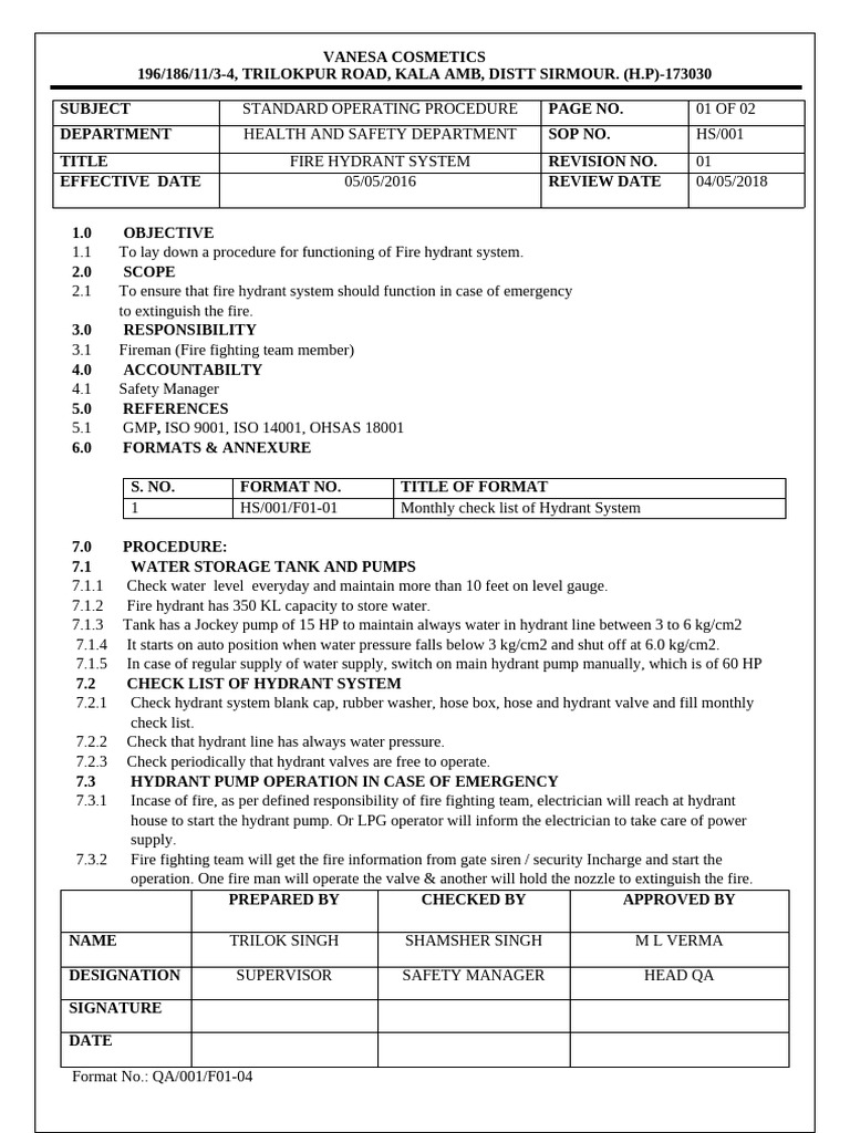 Fire Hydrant System SOP | PDF
