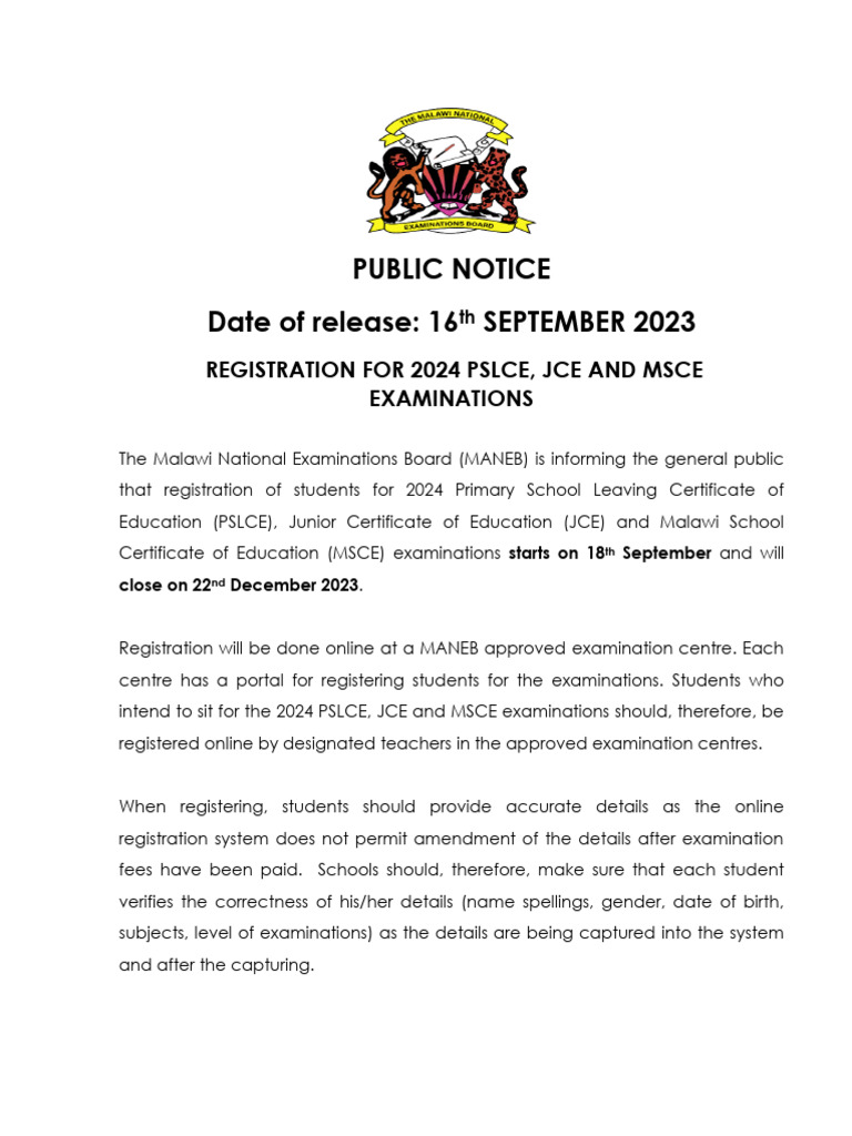 Public Notice Registration For 2024 Exams - 230916 - 085010 | PDF