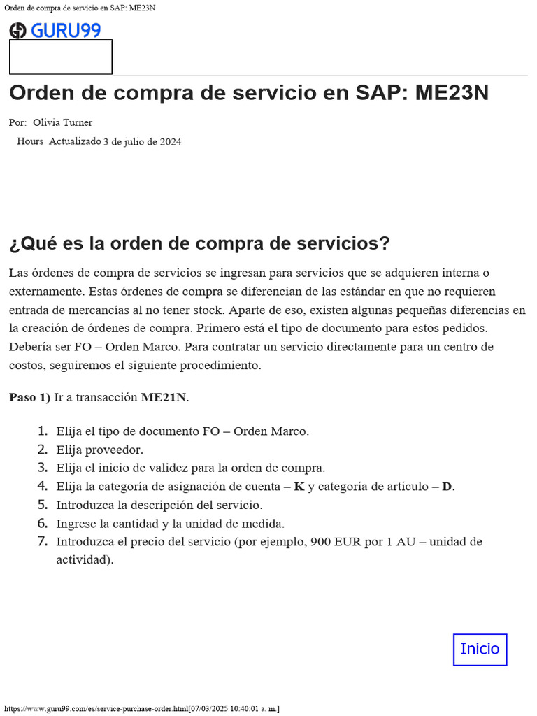 Orden de Compra de Servicios en SAP ME23N | PDF
