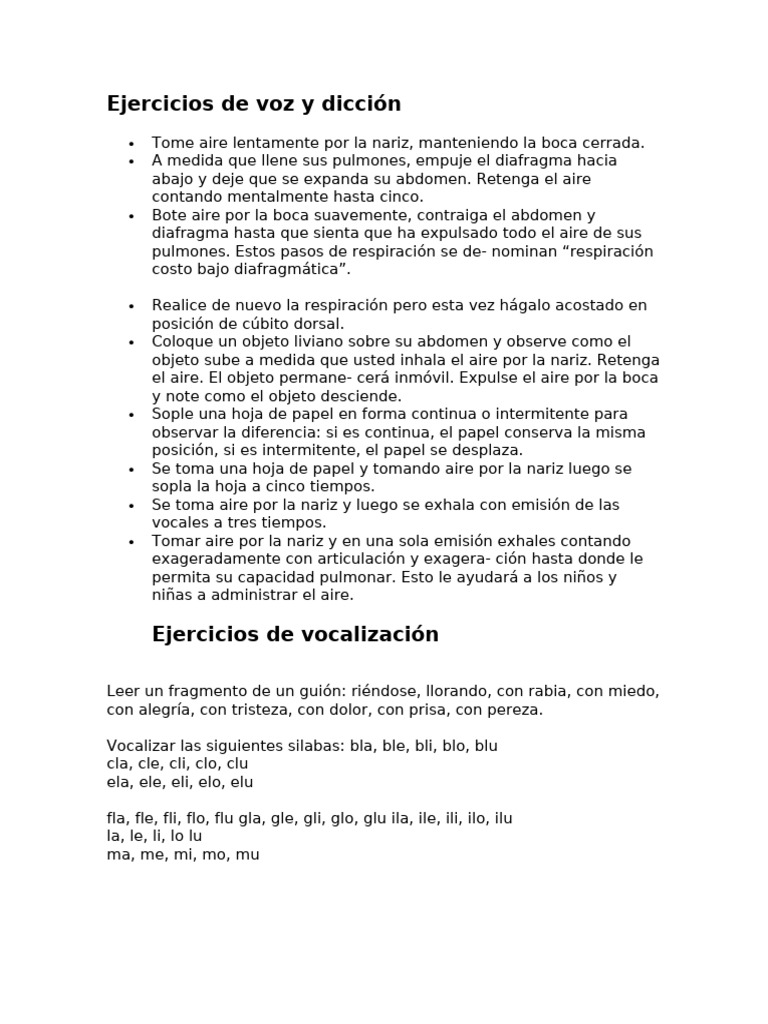 Ejercicios de Voz y Dicción | PDF | Respiración