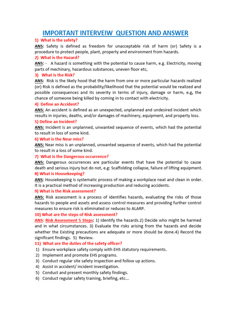 Essential Safety Interview Q&A Guide | PDF | Occupational Safety And ...