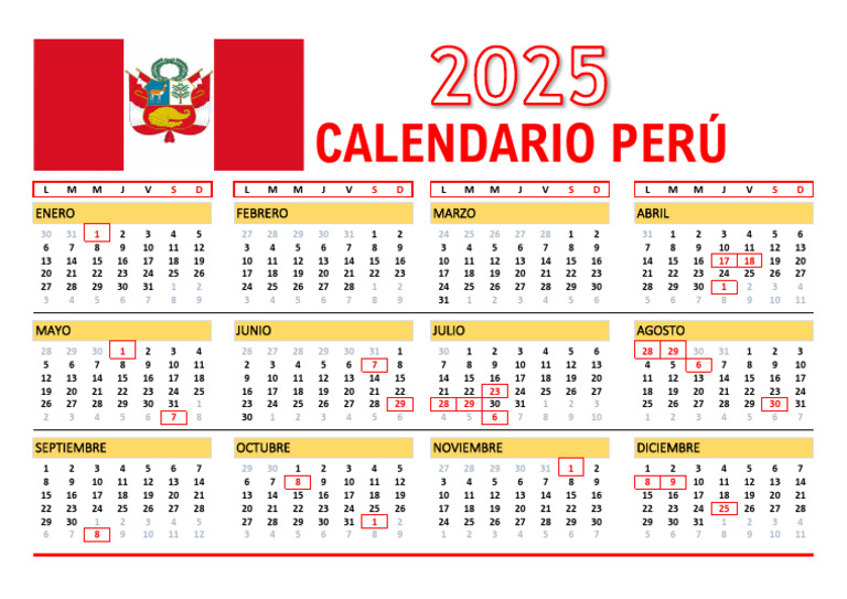 Calendario 2025 con Feriados Perú | PDF