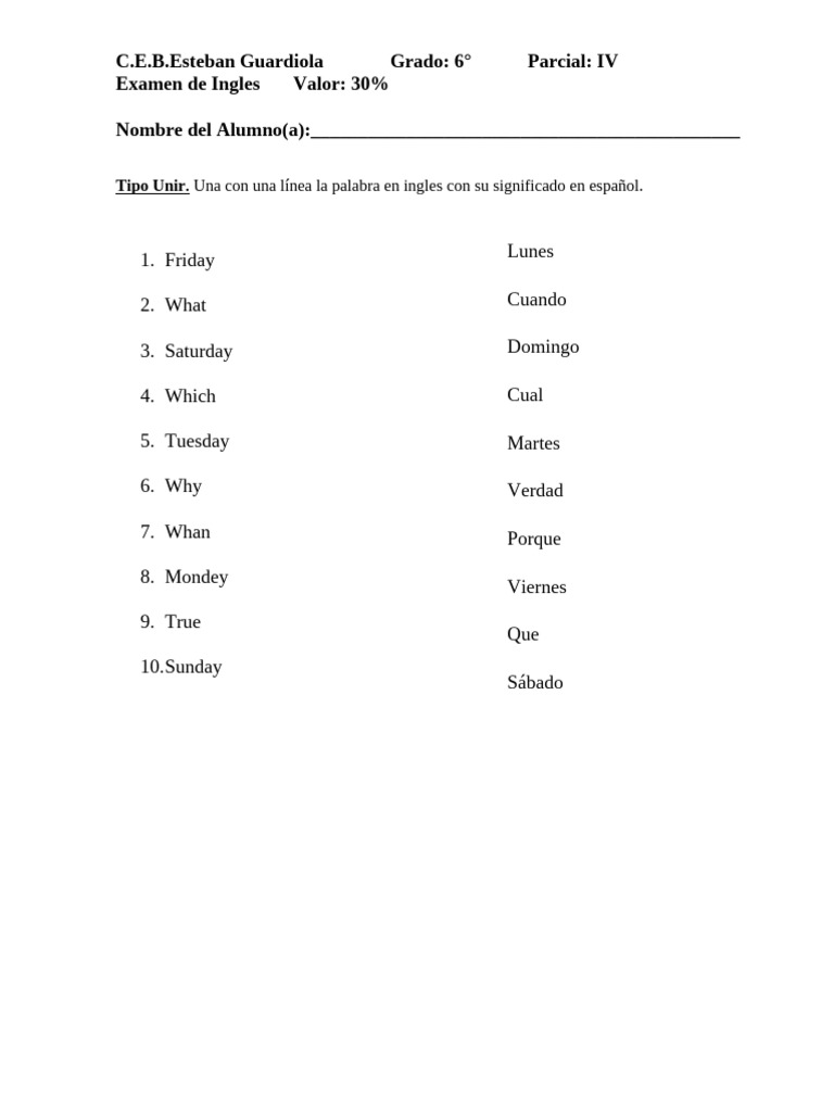 Examen de Inglés - Grado 6° | PDF