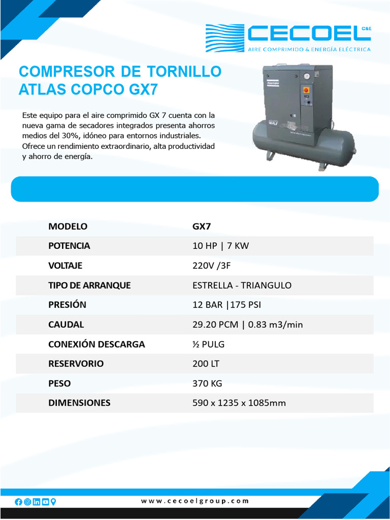 Compresor Atlas Copco GX7: Especificaciones | PDF