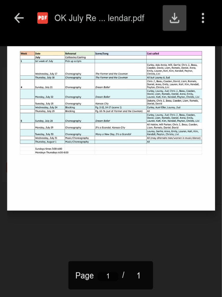 July Rehearsal Schedule for Cast | PDF | Performing Arts | Dances