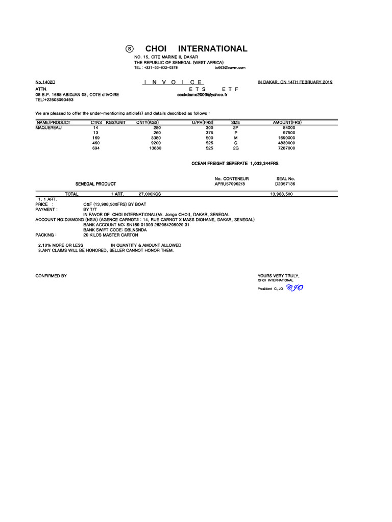 Invoice for Seafood Shipment to Côte d'Ivoire | PDF