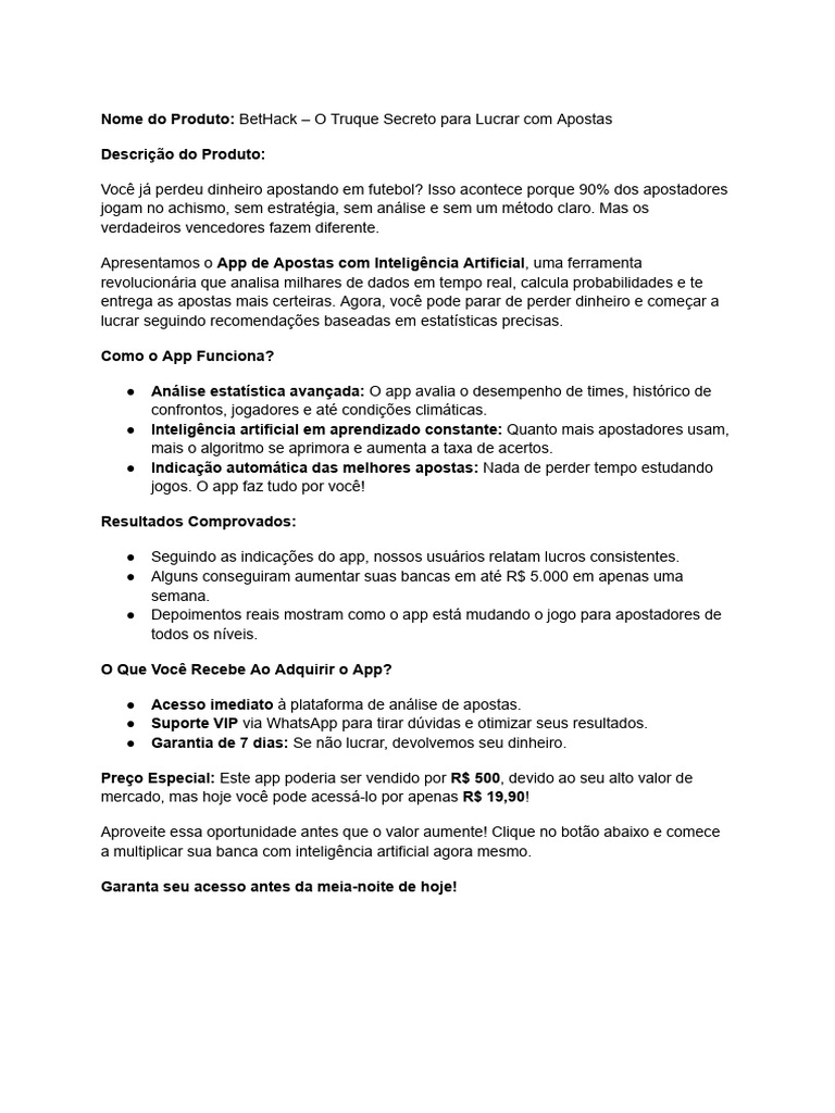 Nome Do Produto - BetHack - O Truque Secreto para Lucrar Com Apostas | PDF