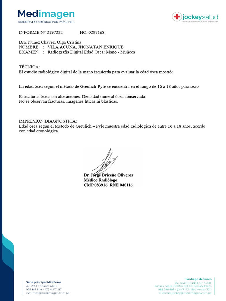 Radiografía Digital: Edad Ósea 16-18 Años | PDF