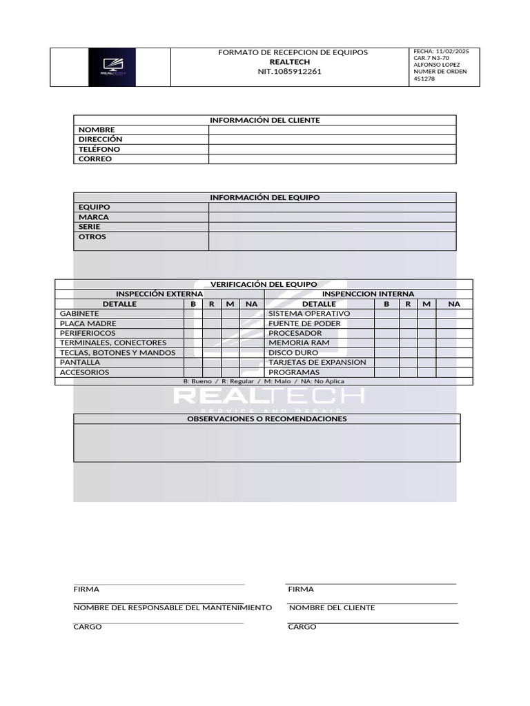 Formato de Recepción de Equipos | PDF | Hardware de la computadora ...