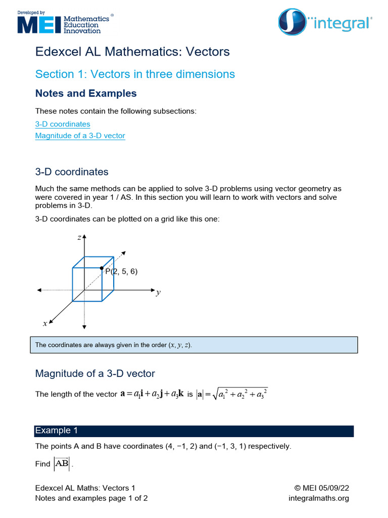 Edexcel AL Mathematics: Vectors: Section 1: Vectors in Three Dimensions ...