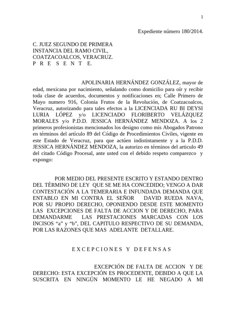 Contestación a Demanda Civil 180/2014 | PDF | Demanda judicial | Justicia