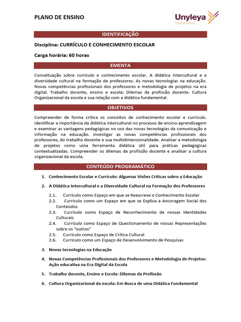 CURRÍCULO E CONHECIMENTO ESCOLAR- Plano de Ensino | PDF | Pedagogia ...