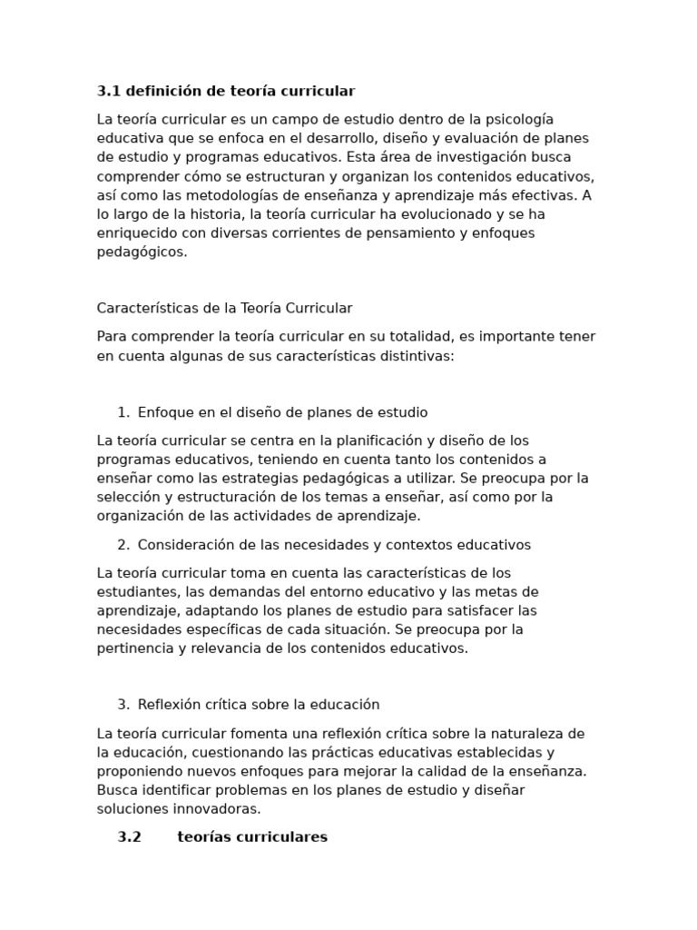3.1 Definición de Teoría Curricular | PDF | Plan de estudios | Enseñando